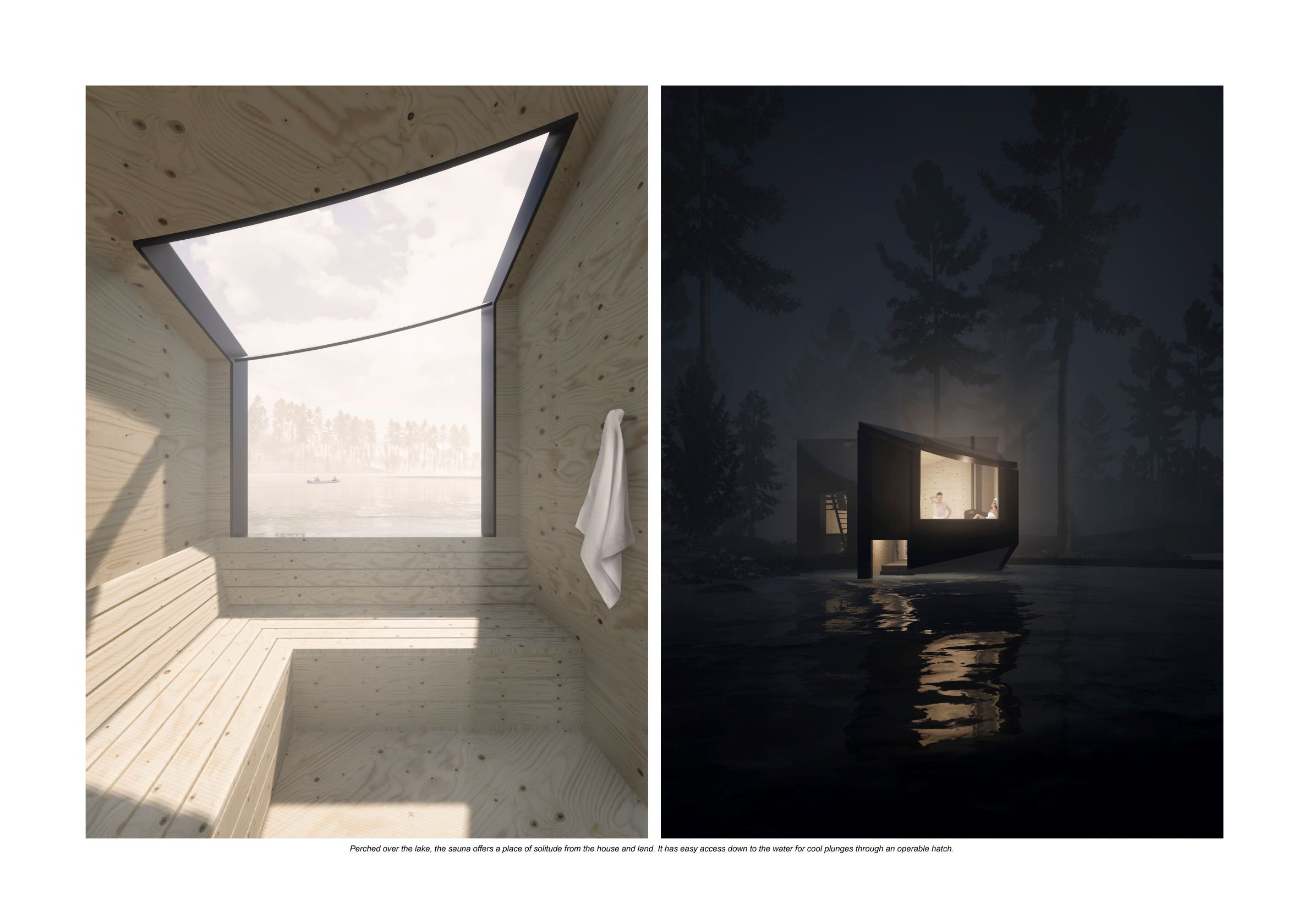 sauna with big window perched over lake